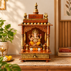 Templo de Madera Pintado a Mano con Detalles en Cobre, Mini Templo Tradicional para Pooja, de Pie o de Sobremesa, para Bodas y Cumpleaños - Product Image 1