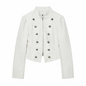Blazer en cuir PU bleu à col montant, manches longues, fermeture éclair, boutons décoratifs, veste courte style automne pour femme - Product Image 6
