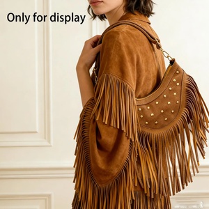 Premium Genuine Leather Fringe Handbag for Women – Vintage Boho Style Shoulder <b>Bag</b> with Tassels & <b>Studded</b> Detail - Product Image 2
