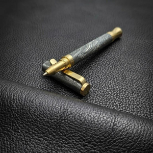 Handmade Damascus Steel Ballpoint <b>Pen</b> with Premium Metal Accents Unique Pattern Welded Barrel <b>Refillable</b> Writing Instrument - Product Image 2