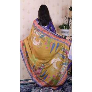 <b>Gold</b> Tussar Silk Pichwai Saree Traditional Printed Zari Woven <b>Scarf</b> & Shawl 450g Elite Weaves - Product Image 4