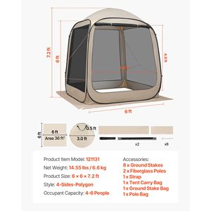 Tenda a Zanzariera Pop-up 6x6 Piedi per 4-6 Persone, Gazebo Portatile con Borsa per il Trasporto, Pareti Laterali a Rete e Supporto a Terra Incluso - Product Image 4