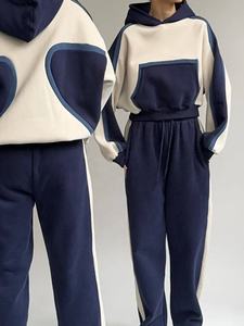 Último diseño de invierno de talla grande conjunto de dos piezas logotipo bordado personalizado de gran tamaño recortado Color bloqueado Sudadera con capucha de pierna recta - Product Image 5