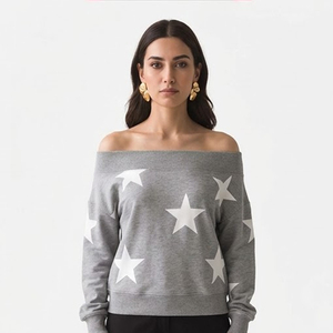 OEM Custom Logo Women Off Shoulder Star Print Pullover Sweaters Loose Fit French Terry Fleece <b>Tops</b> Casual Women Sweatshirt - Product Image 2