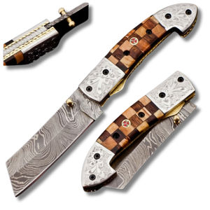 Couteau pliant à double lame en acier Damas fait main avec manche gravé pour le camping, la chasse et les usages utilitaires en extérieur - Product Image 1