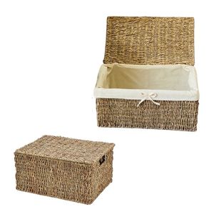 Panier de rangement en jonc de mer naturel avec couvercle et doublure en coton, forme rectangulaire, pour vêtements, style rustique, écologique, multifonctionnel, pour la maison - Product Image 1