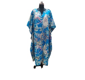 Indien fait à la main Mukart coton caftan femmes longue col en v Maxi robe col haut court plage couverture main bloc imprimer vêtements de nuit - Product Image 1