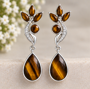 Boucles d'oreilles en argent sterling œil de tigre, boucles d'oreilles pendantes en pierre précieuse marron, bijoux élégants pour femmes - Product Image 1
