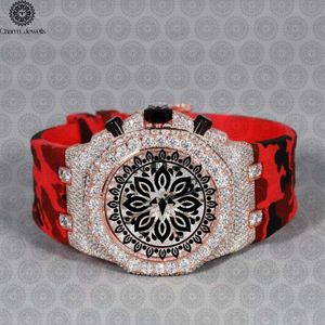 Reloj de Lujo Unisex Charm_Jewells, Oro Rosa con Incrustaciones de Diamantes, Correa de Cuero Roja, Cuarzo Analógico, Cronógrafo, Caja Irregular de 42 mm - Product Image 1
