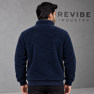 <b>Mens</b> Navy Blue <b>Sherpa</b> Fleece <b>Jacket</b> Custom Logo Stand Collar Full Zip Warm Winter Casual Outerwear OEM Wholesale Manufacturer - Product Image 4