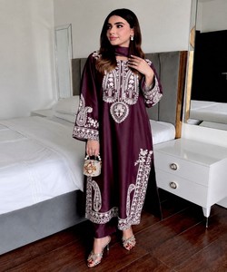 Purple Embroidered Kurta Palazzo Set Women Traditional Loose Fit Floor Length Party Wear India Pakistan Style 84565 LC 1467 - Product Image 1