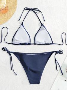 Ensemble de maillots de bain personnalisés, bikini string sexy, nouveaux maillots de bain bleu marine pour femme, maillots de bain sexy, bikinis triangle à bandage, vêtements de plage pour femme - Product Image 5