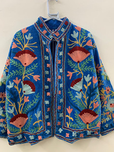 Hand Embroidered Floral Velvet <b>Mandarin</b> <b>Collar</b> <b>Jacket</b> Women's Full Sleeve Batwing Autumn Outerwear Prairie Chic Style - Product Image 3