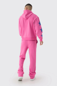 <b>Pink</b> Men's Hooded <b>Tracksuit</b> Full Sleeve Letter Print Stars Pattern Loose Fit Streetwear Sweatshirt Pants Set Spring Casual Wear - Product Image 2