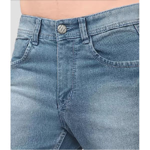Shorts en jean bleu pour homme, style streetwear, en coton biologique uni, extensibles, avec taille élastique, service OEM - Product Image 6