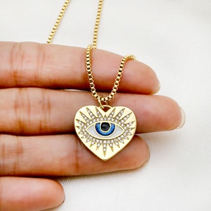 Collier Pendentif Cœur Œil Turc en Argent Sterling Massif 925 Plaqué Or 18K avec Émail Bleu et Zircon Cubique, Chaîne Maille Forçat, Bijoux Fins pour Femme, Vente en Gros - Product Image 3