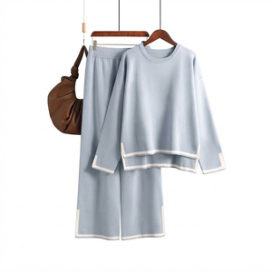 Ensemble pull tricoté pour femme, haut sans manches à col rond, pantalon large uni, décontracté, coupe ample, en laine respirante pour l'hiver - Product Image 6