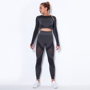 Women fitness wear high compression <b>mesh</b> gym <b>two</b> <b>piece</b> <b>set</b> elastic pleated workout activewear top quality - Product Image 1