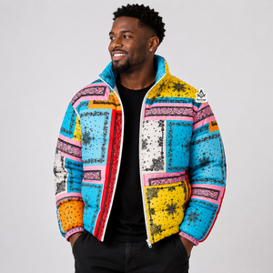 Veste unisexe courte à col montant et fermeture éclair, imprimé patchwork, style régalia maçonnique, manches longues, pour l'hiver - Product Image 2