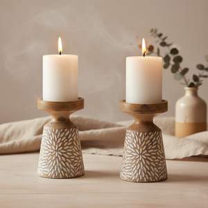 Porte-bougie en bois sculpté à la main, rustique, blanc délavé, motif floral, support de bougie décoratif, centre de table pour Halloween et anniversaire - Product Image 1