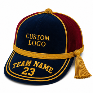 2026 High Quality Custom Embroidered Honours Velvet Cap <b>Navy</b> Red Gold Trim Tassel Team Name Unisex Colour Block Sporty - Product Image 2