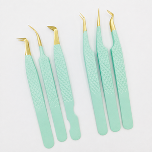 Ensemble de pinces à extensions de cils en acier inoxydable vert menthe de qualité supérieure, pointes de précision dorées lisses, outils courbés et droits pour les cils - Product Image 2