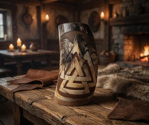 Jarra de cerveza vikinga hecha a mano con diseño de símbolo nórdico, taza de madera vintage para beber, regalo para despedida de soltero - Product Image 4