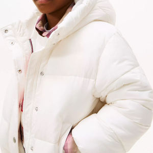 White Hooded Puffer Jacket Button Closure Windproof <b>Thick</b> <b>Winter</b> <b>Coat</b> Unisex Casual Solid Color Regular Fit Short Length - Product Image 4