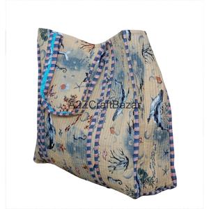 Striped Quilted 100% Pure Cotton Fabric Long Handle Travel Beach Tote <b>Bag</b> for Women Summer Groceries & Shopping - Product Image 4