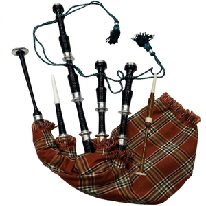 Bagpipe écossais artisanal en bois de rose, motif tartan marron, avec montures argentées, taille standard, ensemble musical écossais - Product Image 1