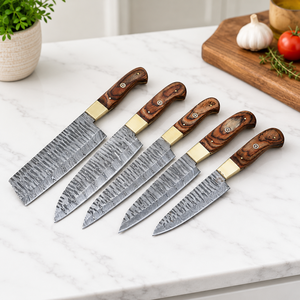 Custom Handmade Five-Piece Ambidextrous Chef <b>Set</b> Straight Edge Durable <b>Sharp</b> Damascus Steel Blades Wooden Handle - Product Image 1