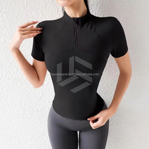 Women's Eco-Friendly Breathable Quick Dry Zipper up Short Sleeve Regular Fit Gym Shirts with <b>Pocket</b> for Fitness Yoga - Product Image 6