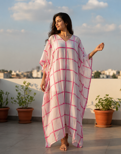 Women <b>Summer</b> Pink Grid Print Cotton <b>Kaftan</b> V Neck Loose Beach Cover Bohemian Maxi Length Kimono Dress Breathable Drawstring - Product Image 1