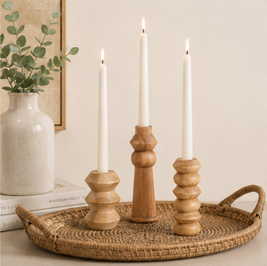 Set Of 3 Natural Wood Taper Candle Holders Hand-Turned Varied Shapes For Modern Farmhouse Home Decor Dining Table Centerpiece - Product Image 4