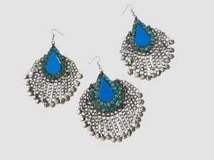 Vibrant Afghan Tribal Necklace Set With Matching Earrings Featuring <b>Blue</b> Glass Inlays And Detailed Metal <b>Beads</b> For Complete - Product Image 3