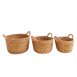 Panier de rangement rond en jacinthe d'eau tressé à la main, style bohème, avec poignées, pour salon, 100% fait main - Product Image 3
