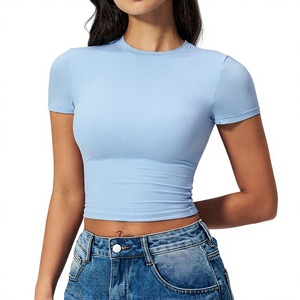 Women's Light Blue <b>Crop</b> <b>Top</b> Short Sleeve Crew Neck Slim Fit Knitted Spandex Cotton Casual Spring Summer Solid Color - Product Image 1