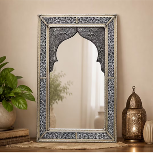 This lovely, <b>small</b> arched wall <b>mirror</b> features a delicate white-and-black floral bone inlay motif available at wholesale prices. - Product Image 3