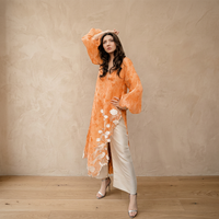 Setelan Kurta Organza Oranye Wanita Dengan Bordir Putih, Model Longgar, Pakaian Kasual Etnik India Pakistan