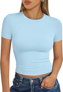 เสื้อครอปท็อปแขนสั้นคอกลมสีฟ้าอ่อนสำหรับผู้หญิง ทรงเข้ารูป สีพื้น เรียบง่าย สวมใส่สบาย ระบายอากาศได้ดี เหมาะสำหรับฤดูใบไม้ผลิและฤดูร้อน - Product Image 4
