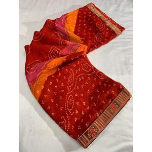 ชุดส่าหรีผ้าลูกไม้สีแดงผ้าขี้เหล็กแฟนซี - Product Image 1