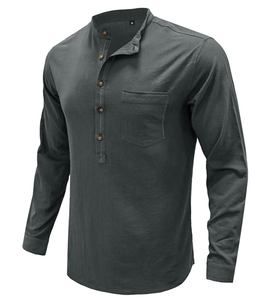 Chemise d'été 2026 pour homme à manches longues, col montant, écologique, séchage rapide, 100 % lin/coton, style hippie, boutonnée, pour la plage - Product Image 2