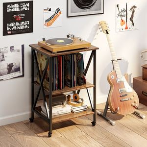 Adjustable 3-Tier Record Player <b>Stand</b> with Charging Station <b>CD</b> Racks - Product Image 1