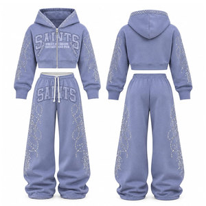 Ensemble de survêtement bleu à capuche pour femme avec logo Saints en strass, sweat-shirt et pantalon décontractés à manches longues coupe ample, idéal pour l'automne - Product Image 1