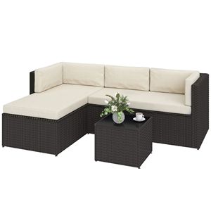 Set di Mobili da Esterno in Vimini a 3 Pezzi con Cuscini Beige e Tavolo con Piano in Vetro per Cene e Conversazioni - Product Image 1