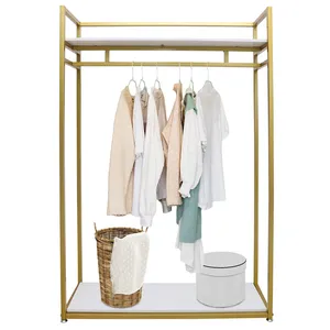 Minimalist Metal Clothing Organizer Rack 100x60cm Single Tier White Shelf Gold <b>Frame</b> Standing Type for Wardrobe Space Saving - Product Image 3