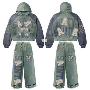 Ensemble de jogging personnalisé avec effet délavé, strass et perles, comprenant un sweat à capuche imprimé et un pantalon de survêtement évasé à taille haute épaisse - Product Image 5