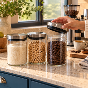 Clear Glass Storage <b>Canister</b> <b>Set</b> with Stainless Steel Lids and Sealing Rings | Modern Kitchen Pantry Organizer for Food Storage - Product Image 2