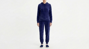 Ensemble de survêtement décontracté pour femme en velours bleu marine avec capuche, sweat-shirt et pantalon pleine longueur, couleur unie, pour l'automne - Product Image 3