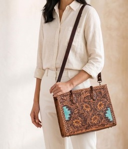 <b>Vintage</b> Brown Leather Bohemian Summer Shoulder Bag Embroidery Zipper Tote <b>Handbag</b> for Daily Travel Shopping Eco-friendly - Product Image 5